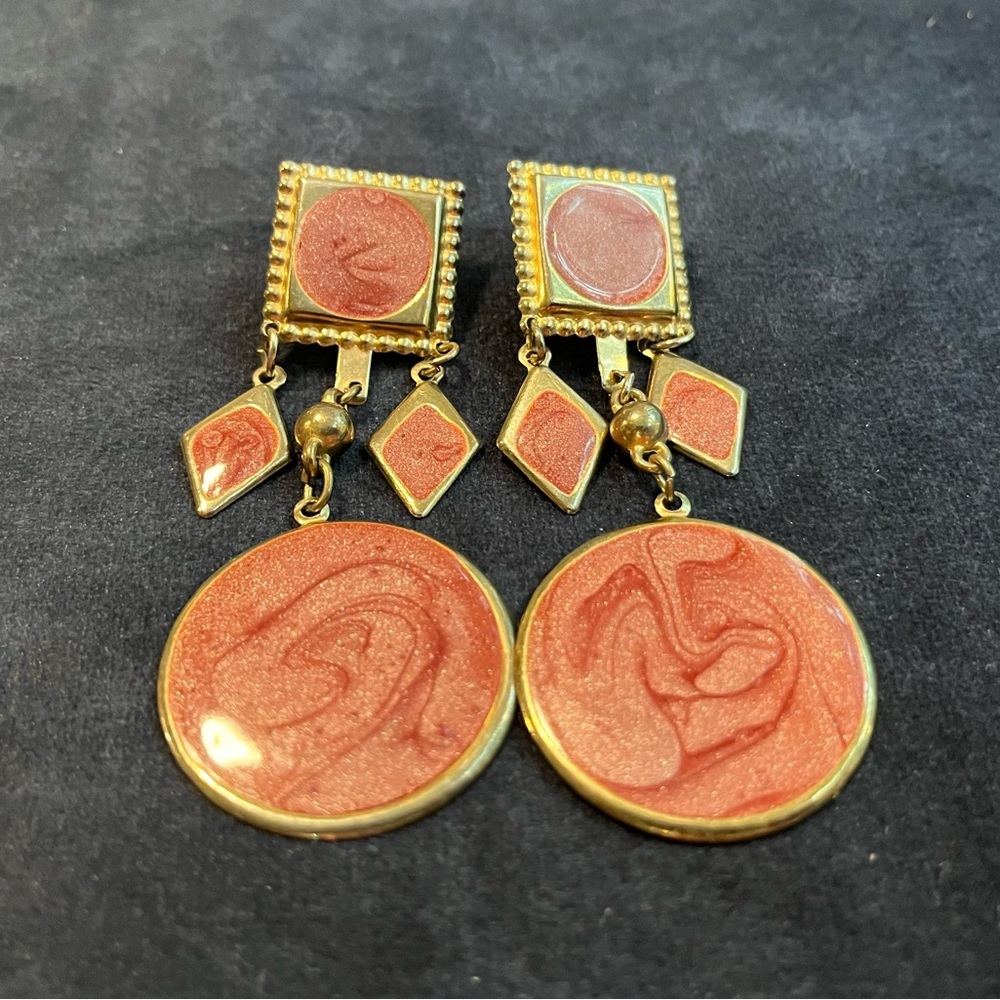 Vintage Artisan Pink Swirl Enamel and Gold Tone Earrings